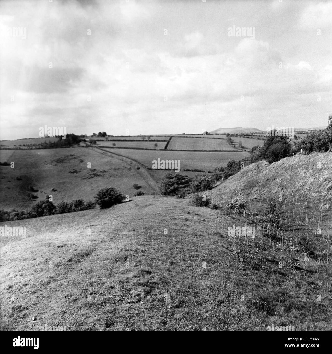 Offa's Dike è un grande terrapieno lineare che segue approssimativamente l'attuale confine tra Inghilterra e Galles. Guardando verso Cordon Hill. Circa 1950. Foto Stock