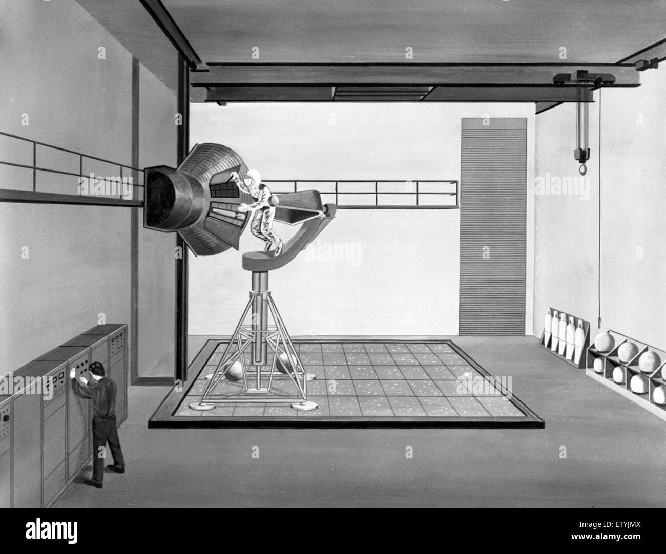 Questa immagine fornisce ulteriori informazioni su una simulazione senza peso condotta nel 1964. La simulazione era probabilmente parte della ricerca aerospaziale, mirata a studiare gli effetti dell'assenza di peso nello spazio, con disegni che rappresentavano il processo scientifico. Foto Stock