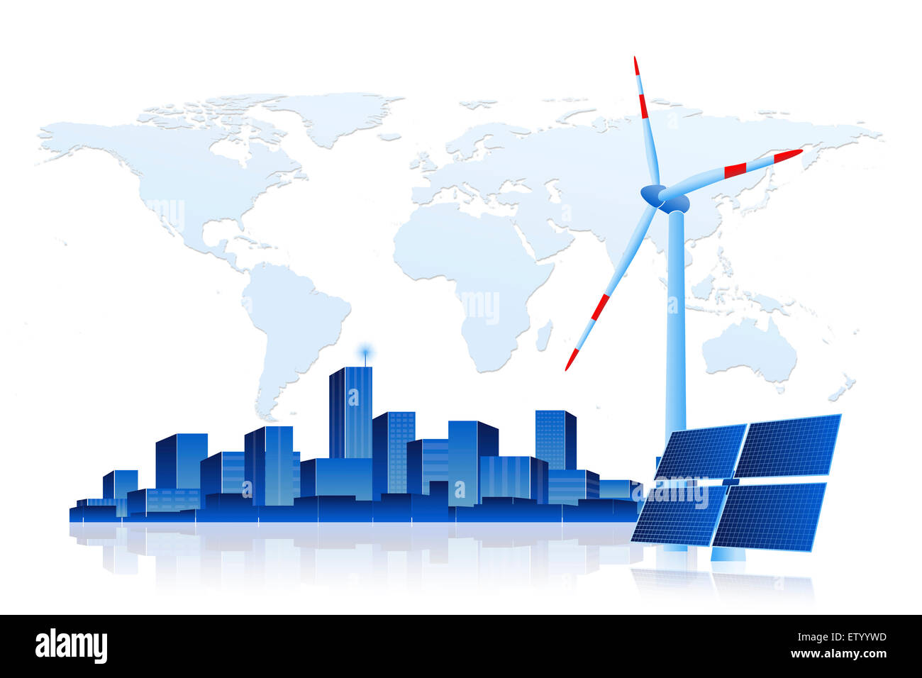 Concetto di pannello solare e la turbina eolica con Cityscape di fronte alla mappa del mondo. Foto Stock