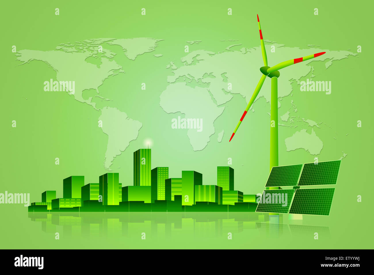 Concetto di pannello solare e la turbina eolica con Cityscape sulla mappa del mondo. Foto Stock