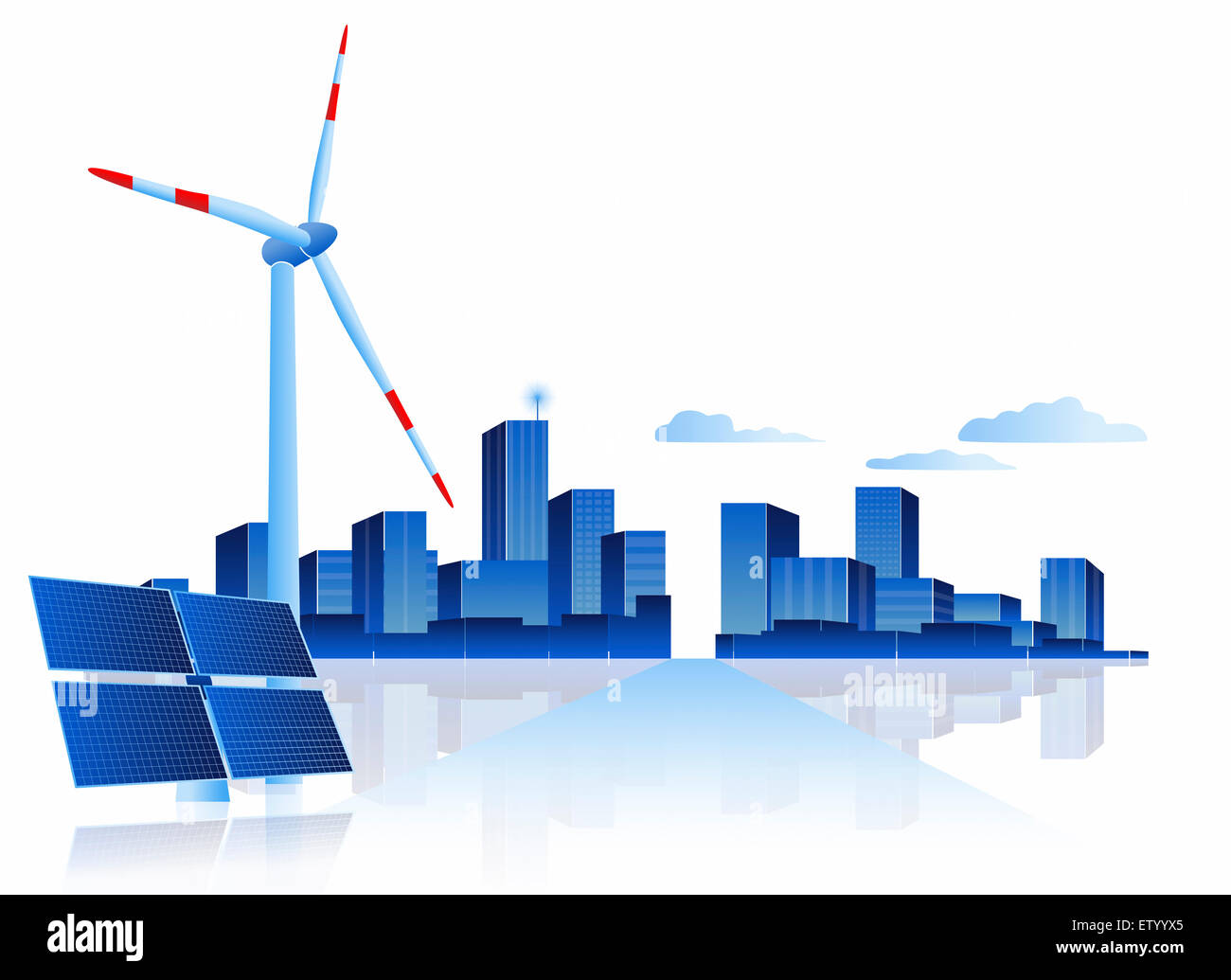 Energia verde - PANNELLO SOLARE, turbina eolica e paesaggio Foto Stock