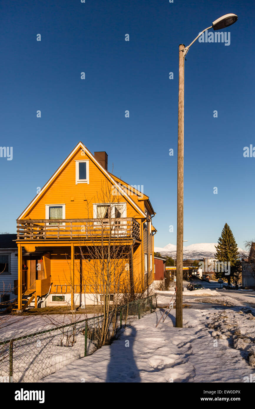 Edifici nella neve, Narvik, Norvegia Foto Stock