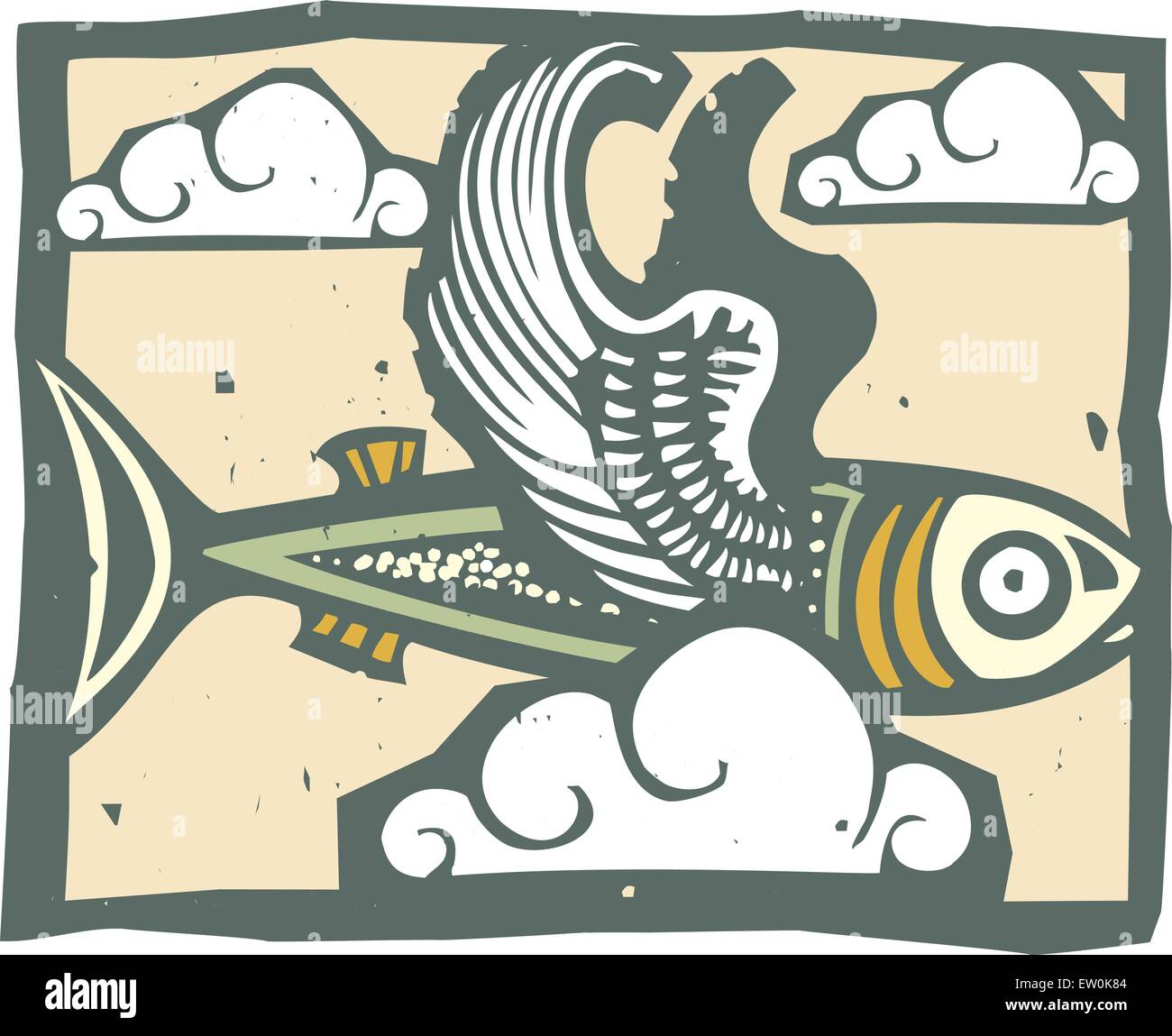 Xilografia stile immagine di un pesci volanti con ali sfumato. Illustrazione Vettoriale