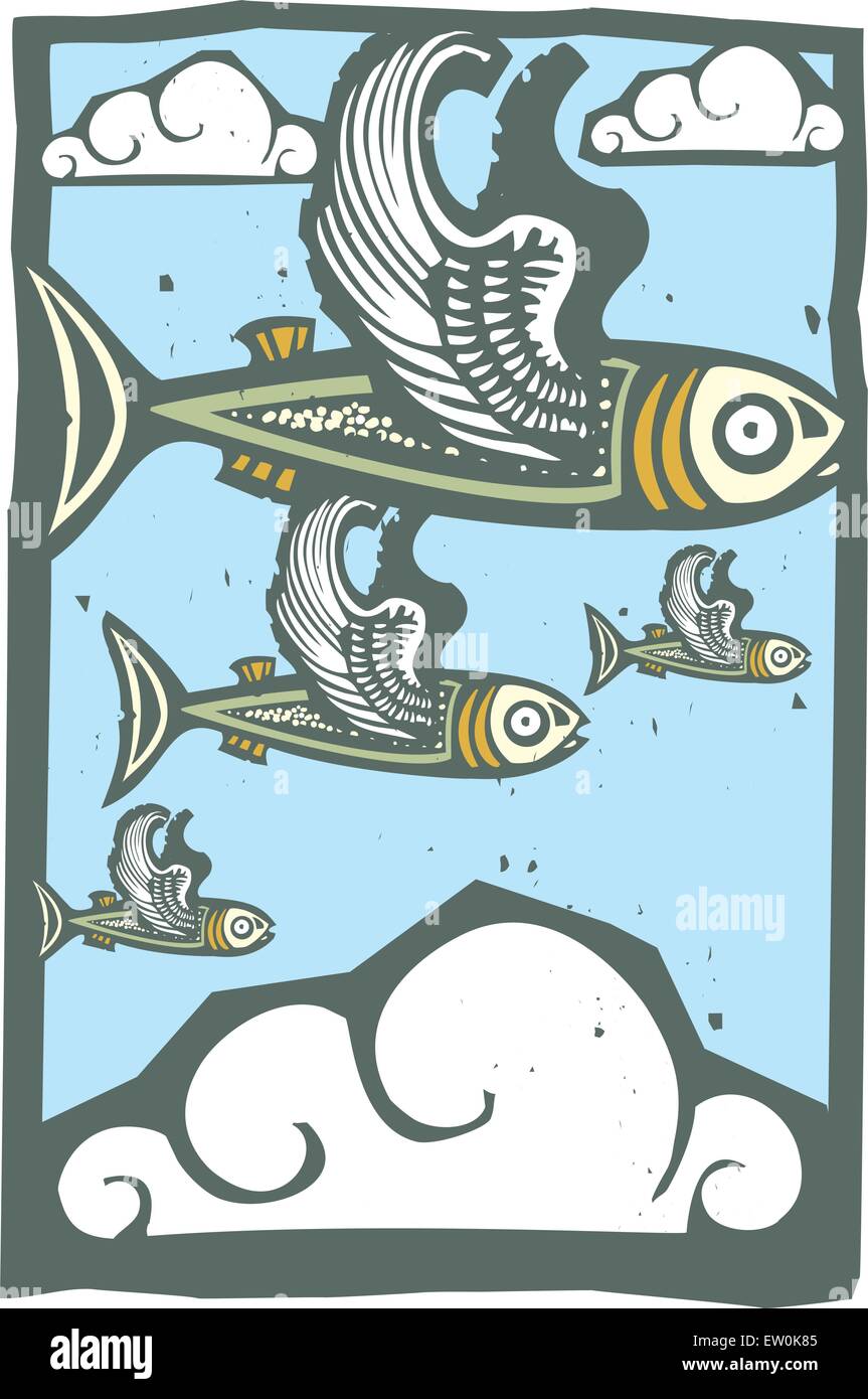 Xilografia stile immagine di un branco di pesci con le ali nel cielo. Illustrazione Vettoriale