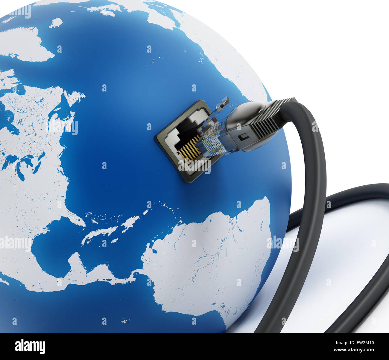 Cavo di rete collegato al globo blu con un socket Foto Stock
