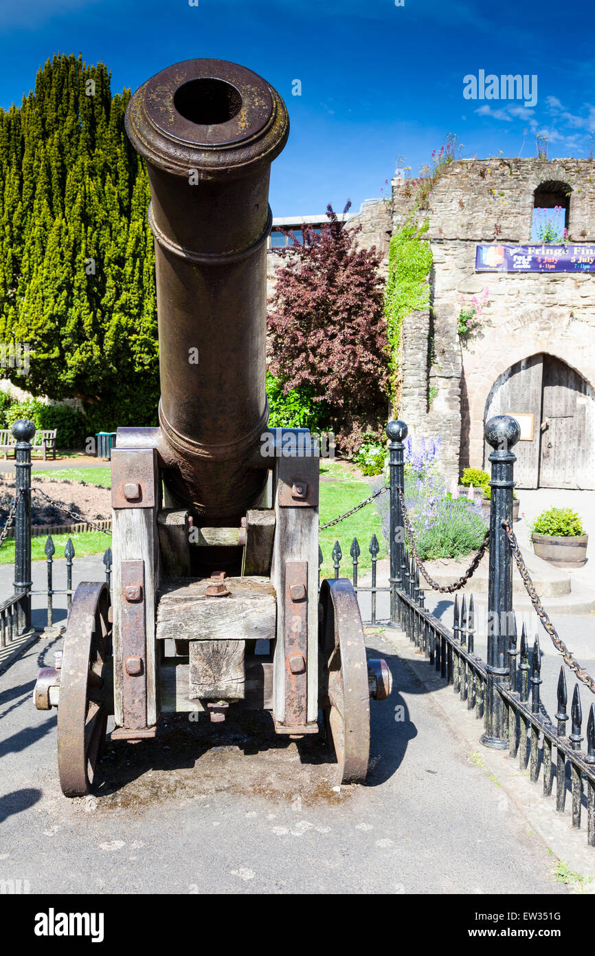 Canon al di fuori di Ludlow Castle, Ludlow, Shropshire, Inghilterra, Regno Unito Foto Stock