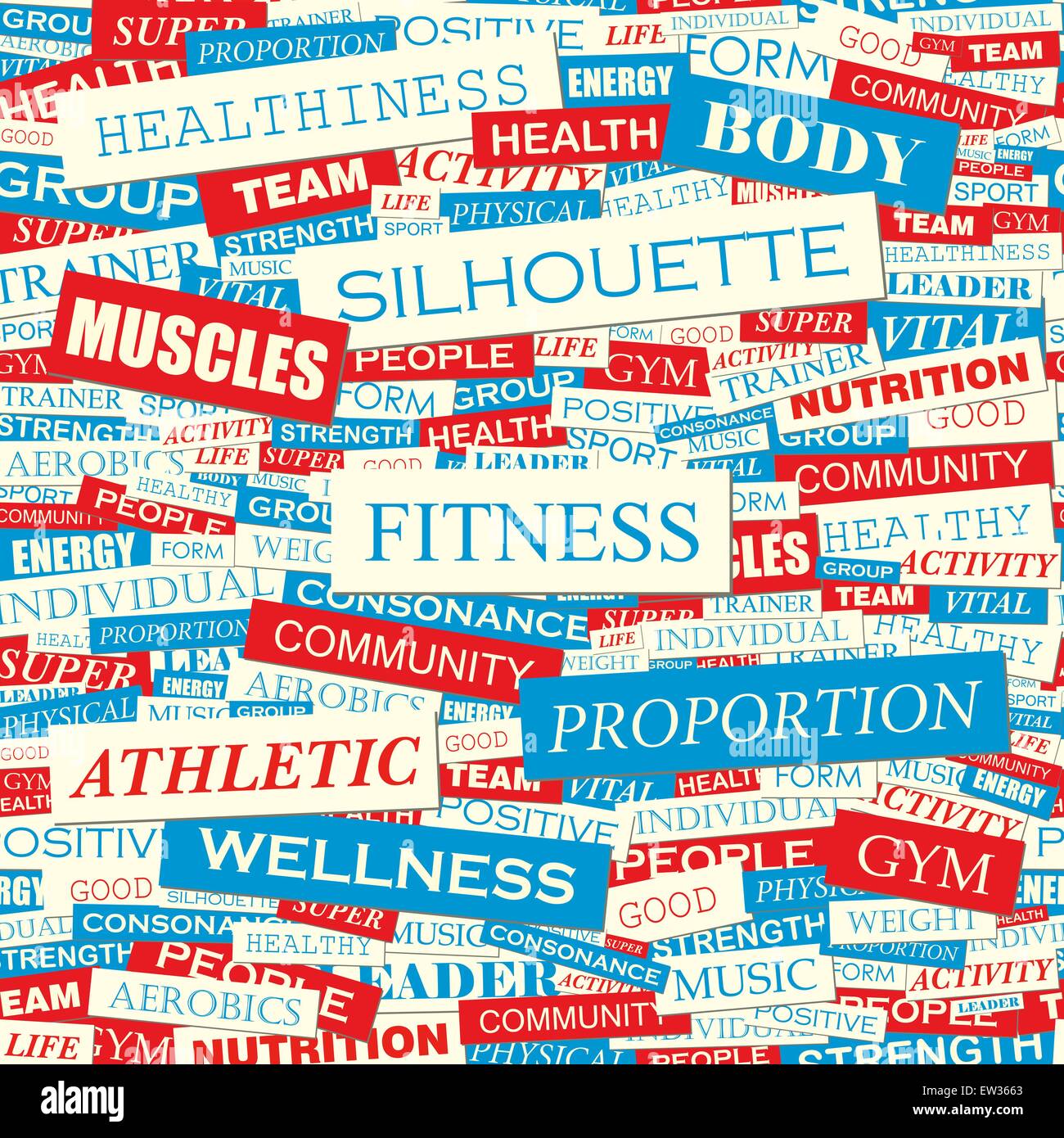 FITNESS. Modello senza giunture. Concetto parole correlate nella nuvola di tag. Info concettuale-testo grafico. Parola collage. Illustrazione Vettoriale