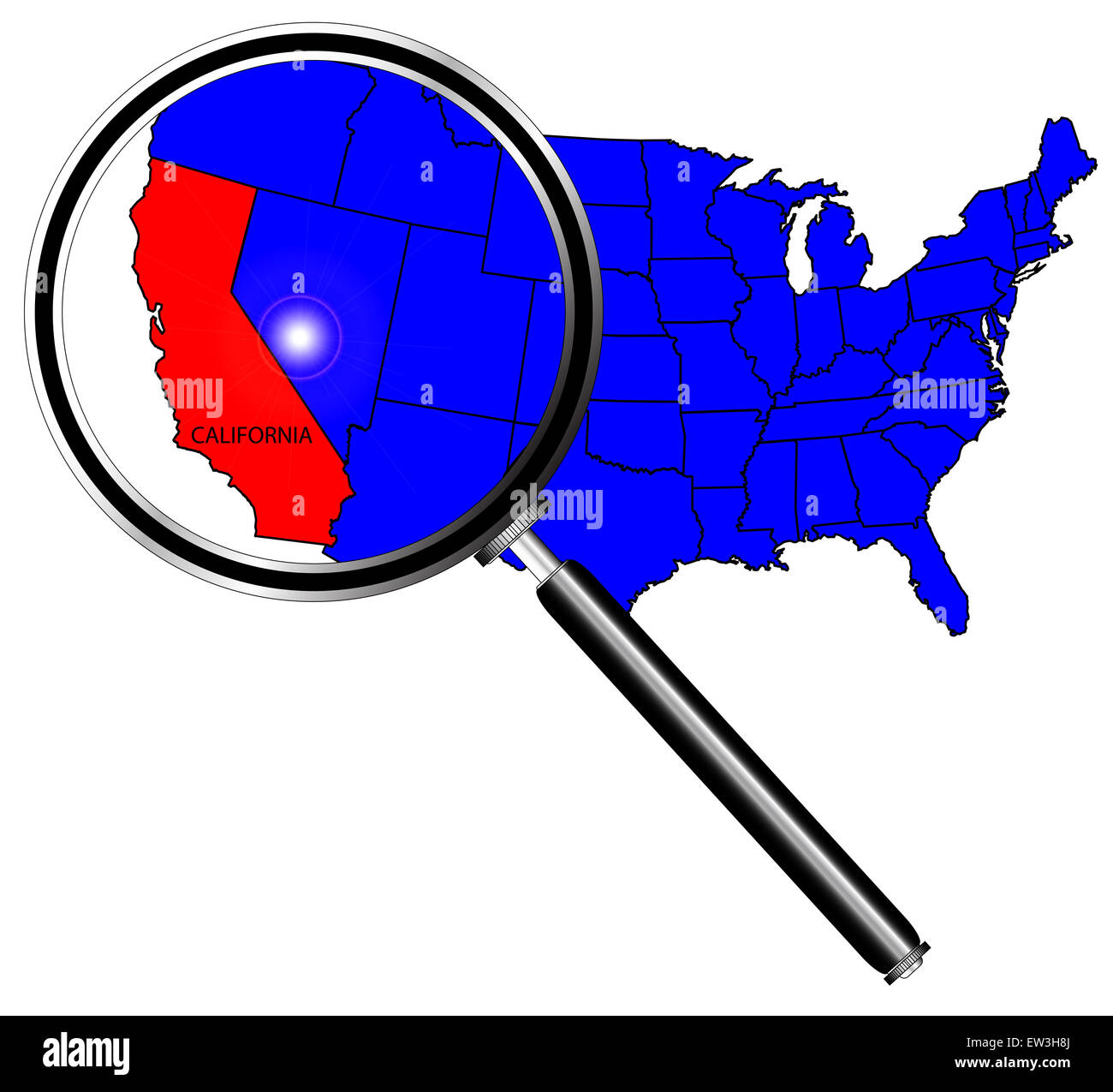 Lo stato della California e di contorno icon inserto sotto una lente di ingrandimento Foto Stock