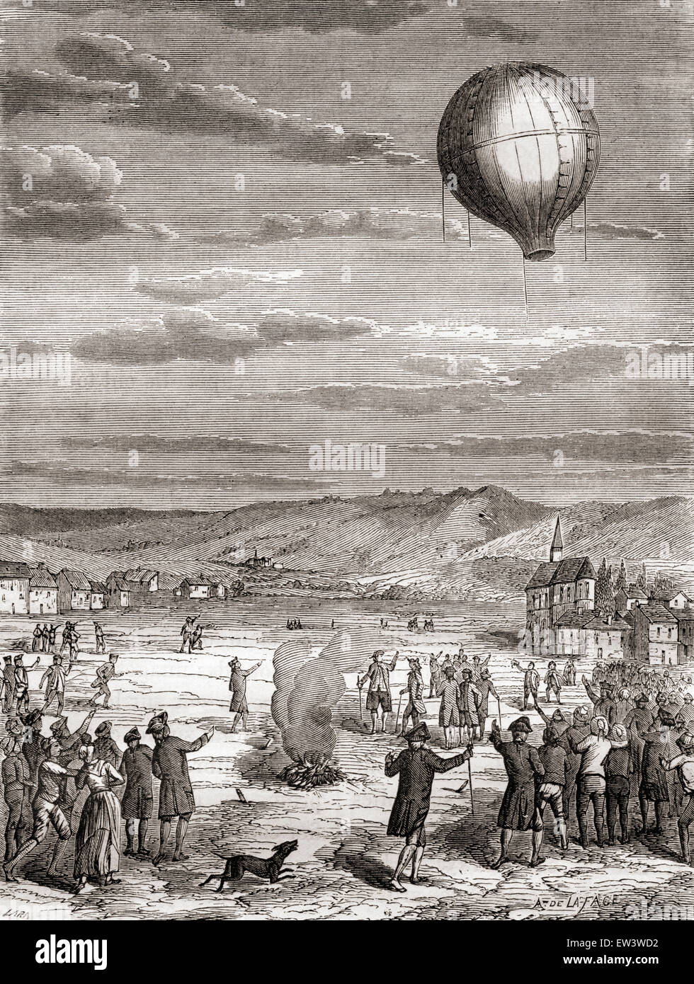 La prima dimostrazione pubblica a Annonay, Ardèche, Francia dai fratelli Montgolfier, della loro mongolfiera, 5 giugno 1783. Foto Stock