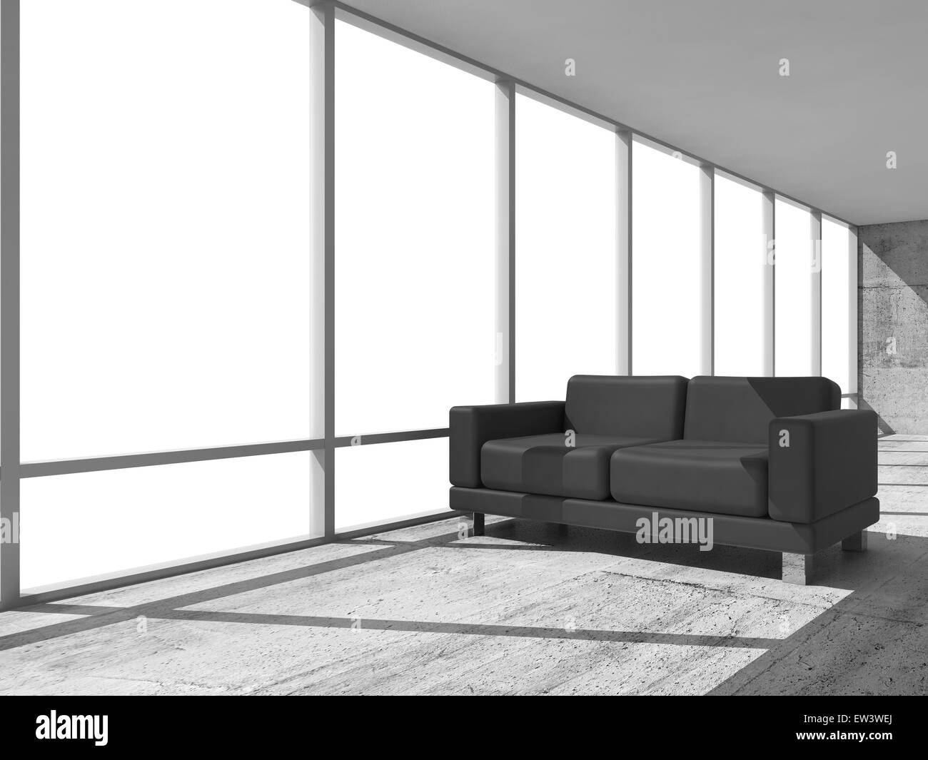 Interni astratti, ufficio stanza con pavimento in cemento, finestra bianca e divano in pelle nera, 3d illustrazione Foto Stock