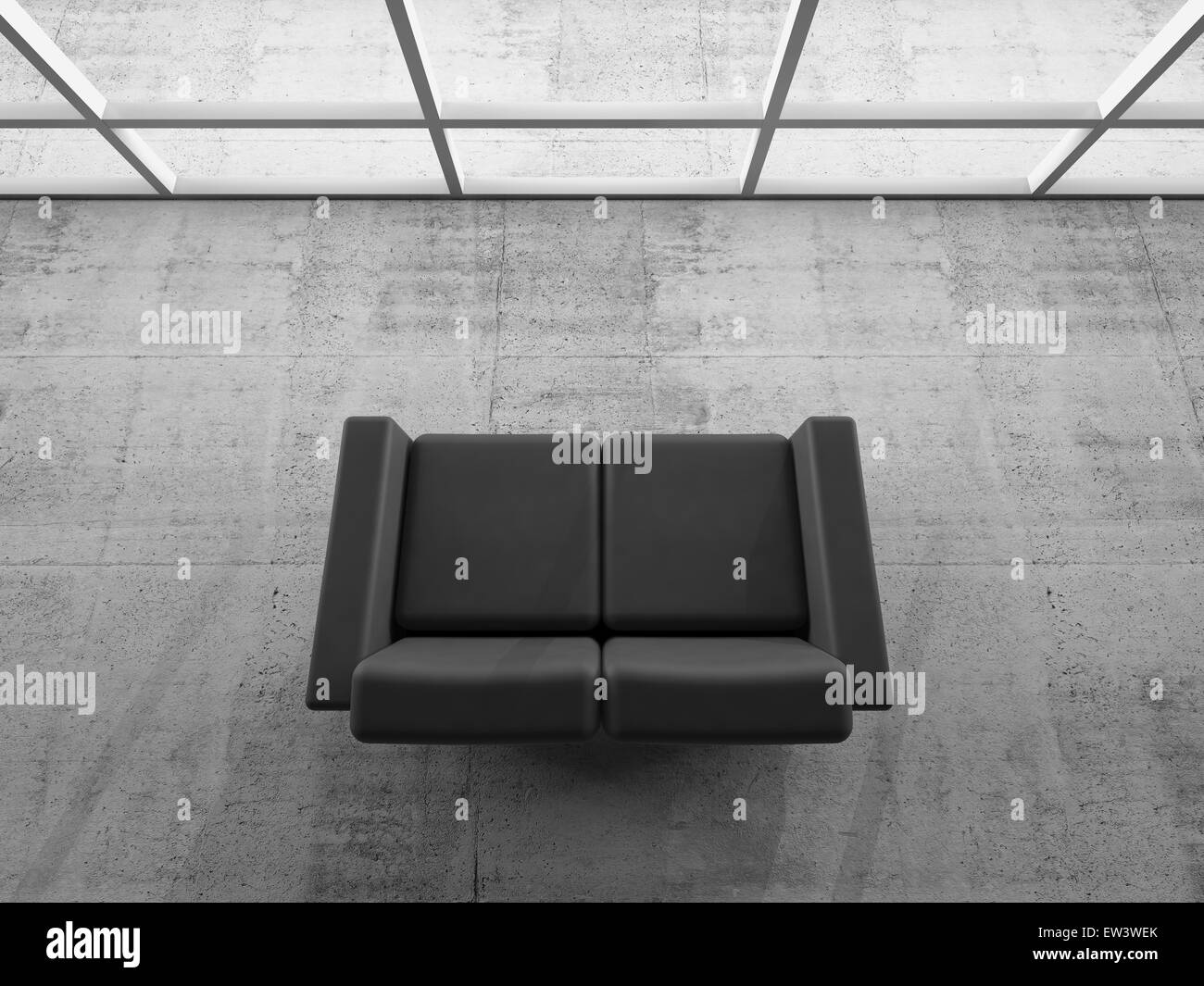Interni astratti, calcestruzzo office camera con finestra e divano nero, 3d illustrazione Foto Stock