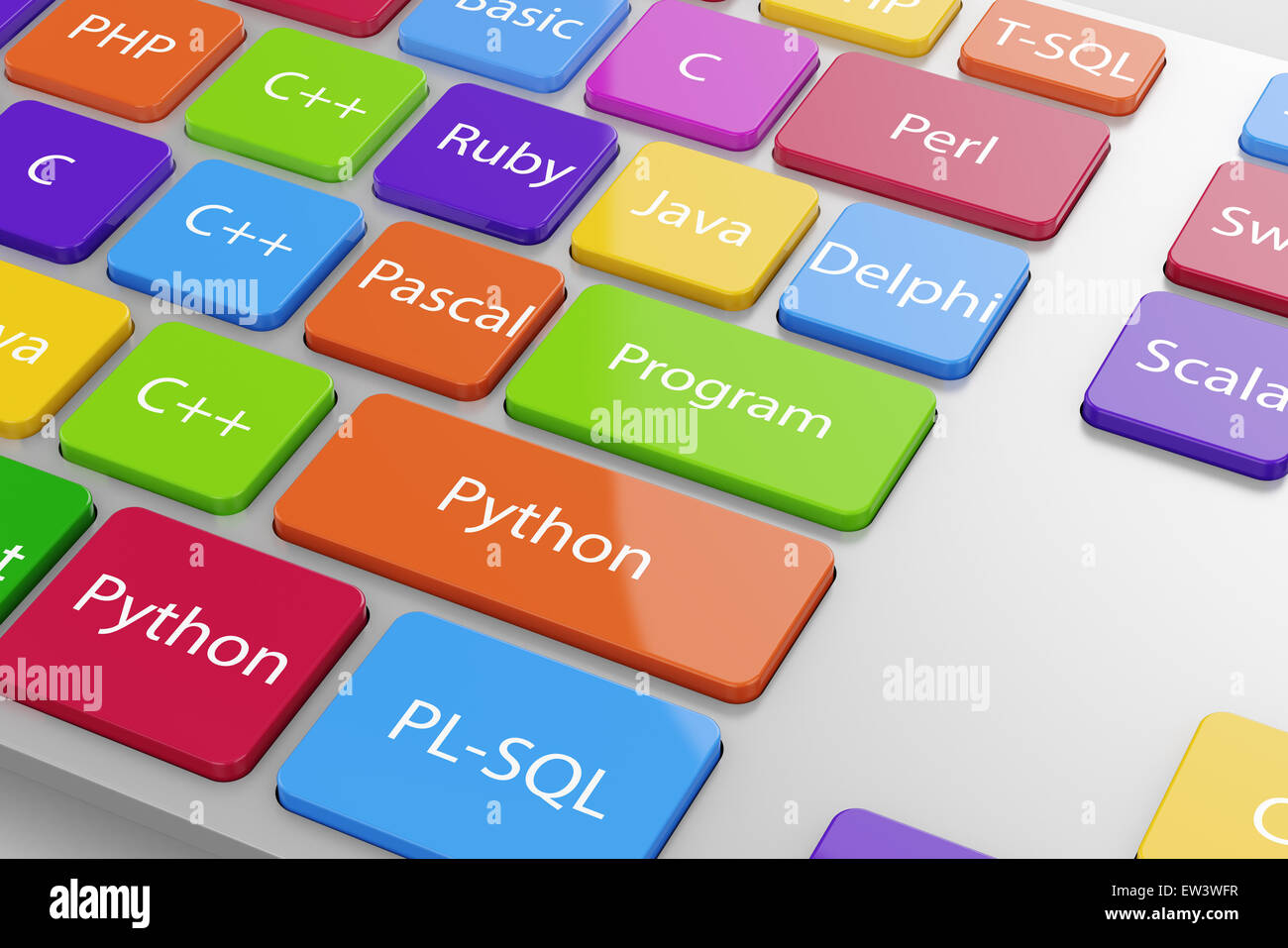 Macchina differenti linguaggi di codice di programmazione dei pulsanti sulla tastiera del computer. 3d illustrazione Foto Stock