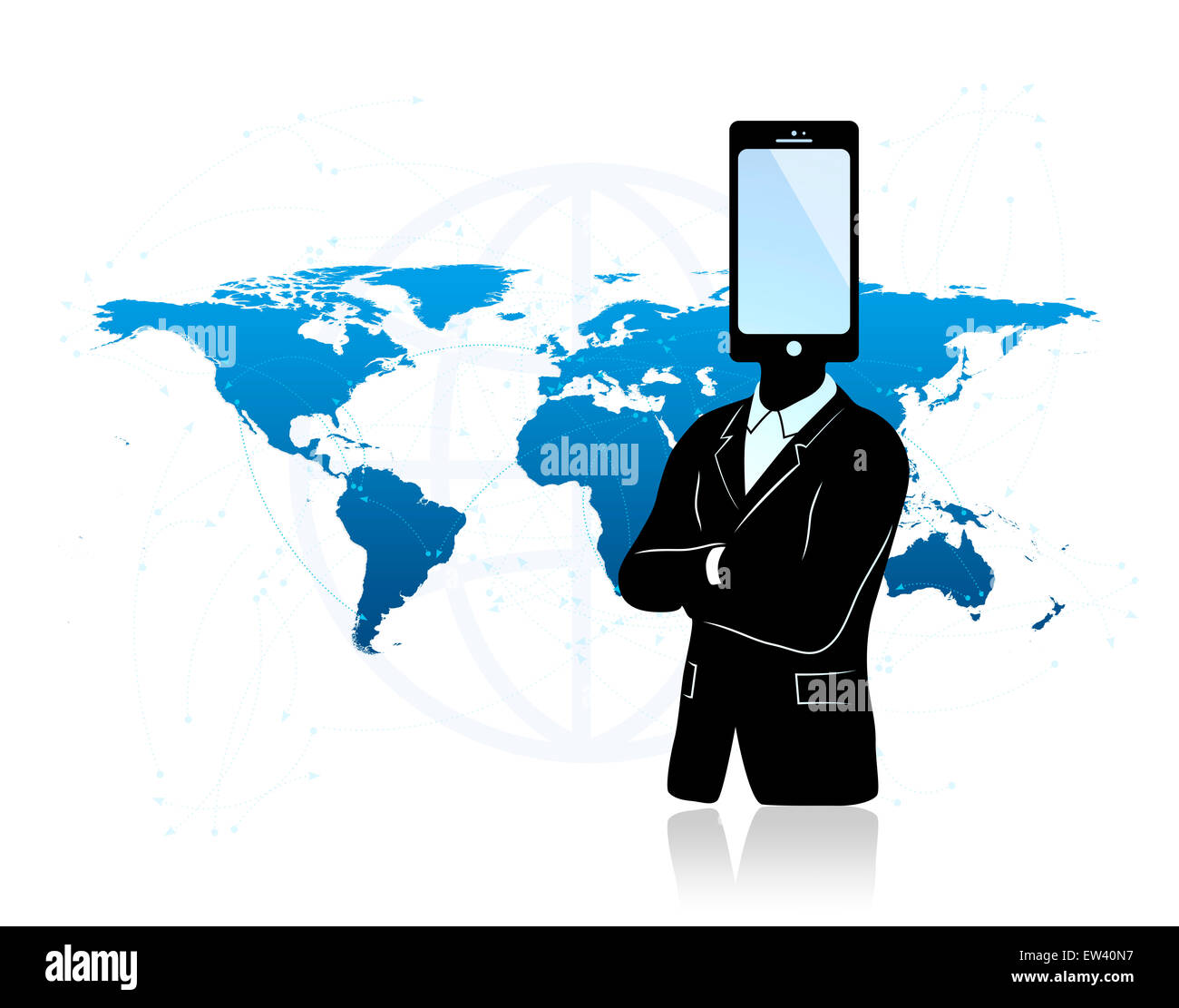 Comunicazioni globali concetto. Abstract imprenditore con telefono invece di testa e la mappa del mondo in background. Foto Stock