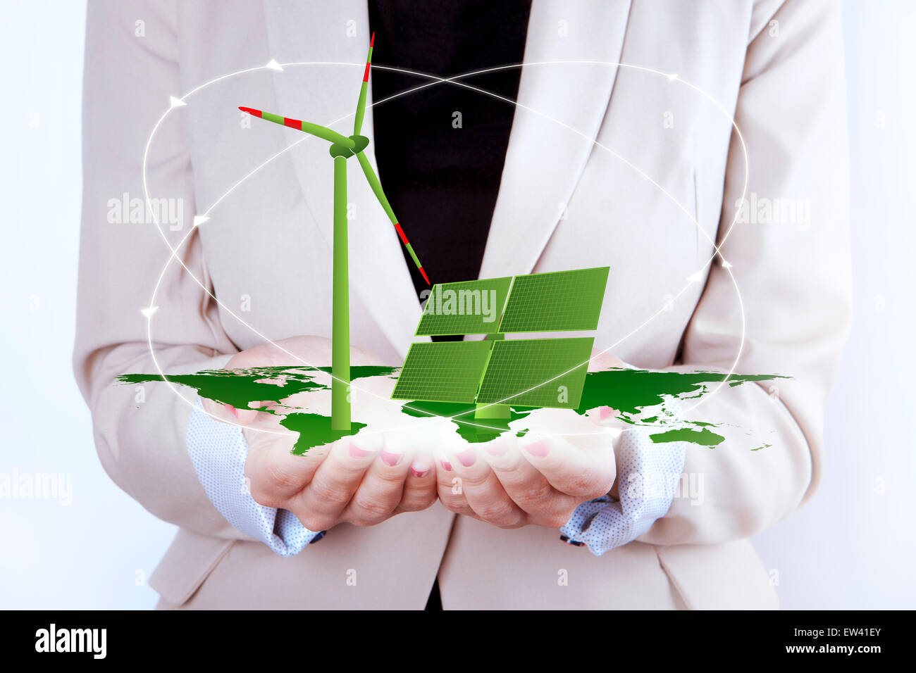 Energia verde - simbolo digitale del pannello solare e la turbina eolica sulla mappa della terra. Foto Stock