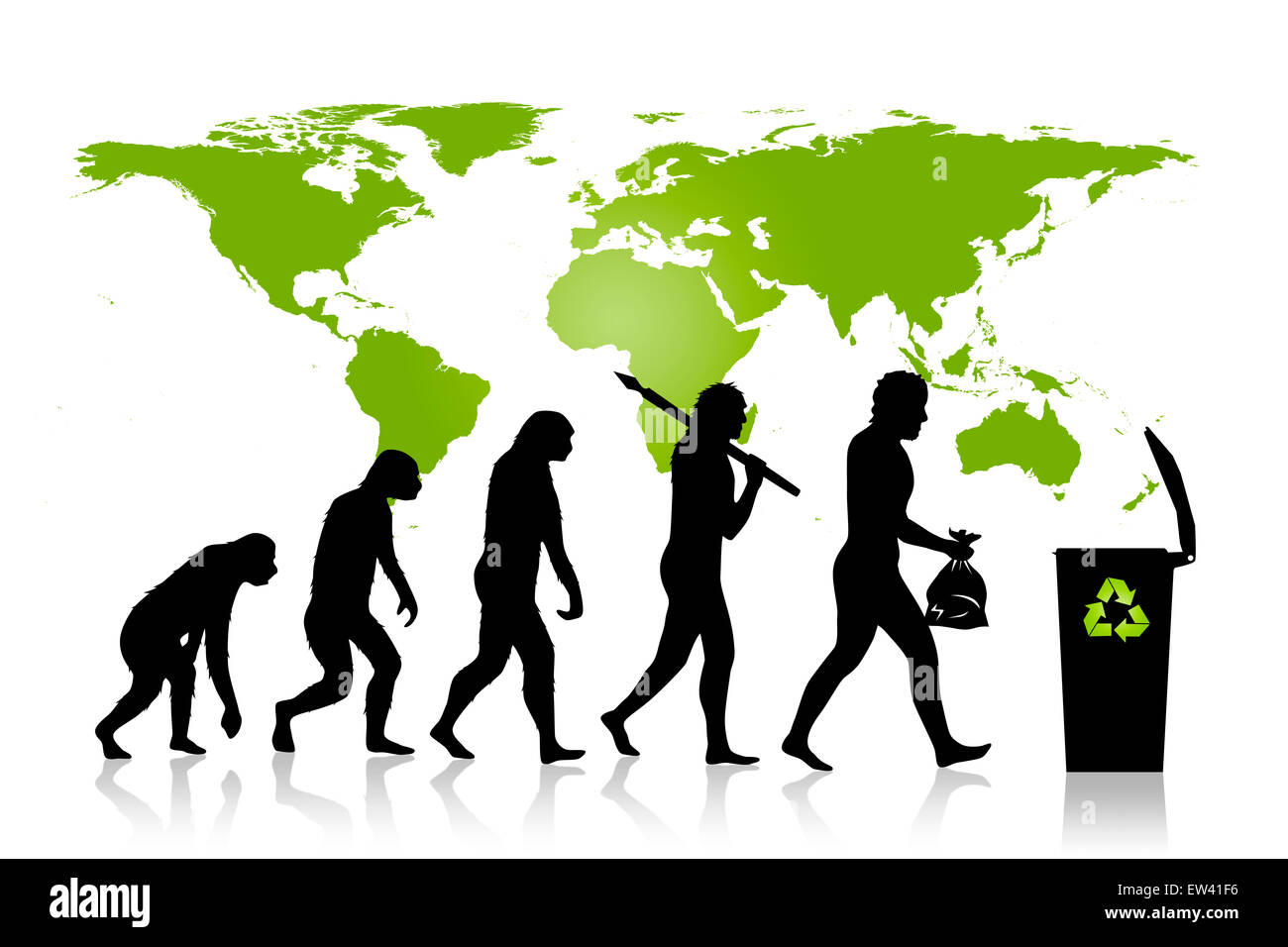 Ecologia - Riciclare evolution con evoluzione di uomo, cestino e mappa della terra in background. Foto Stock