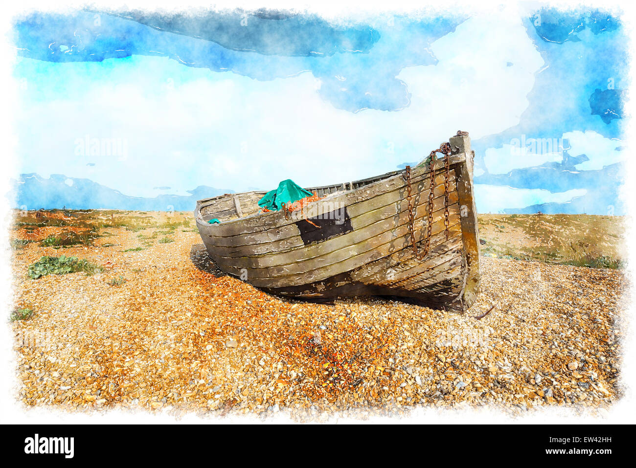 La pittura ad acquerello di un vecchio legno stagionato barche da pesca sulla spiaggia di ghiaia sotto un cielo blu Foto Stock