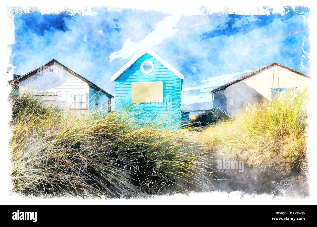 Spiaggia di capanne in dune di sabbia a Mudeford sputare sulla testa Hengistbury vicino a Christchurch in Dorset. Foto Stock