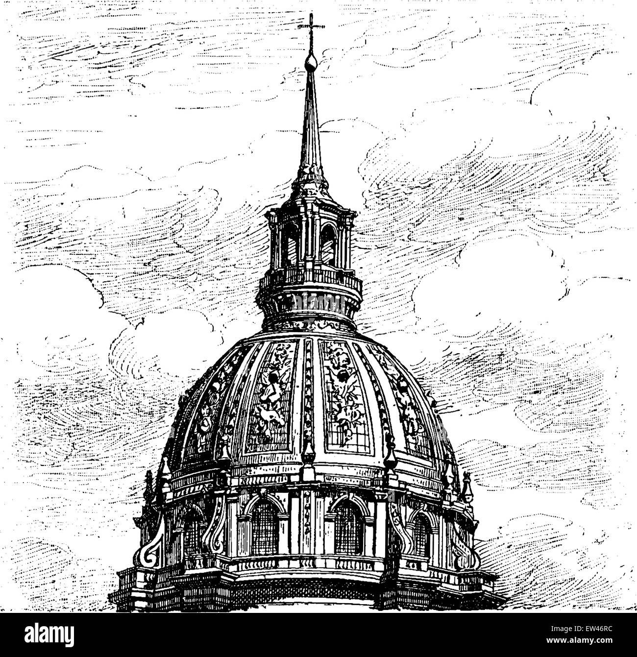 Cupola di Les Invalides, vintage illustrazioni incise. Parigi - Auguste VITU - 1890. Illustrazione Vettoriale