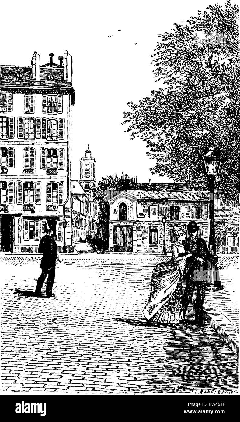 Rue de l'Abbe-de-Saint-Jacques Epee ed alto-Pas, vintage illustrazioni incise. Parigi - Auguste VITU - 1890. Illustrazione Vettoriale