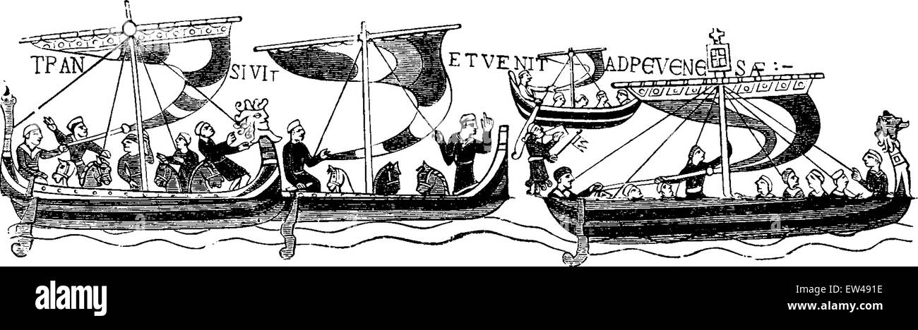 Le navi di Guglielmo il Conquistatore, (dopo il famoso arazzo Bayeaux), vintage illustrazioni incise. Journal des Voyage, Tr Illustrazione Vettoriale