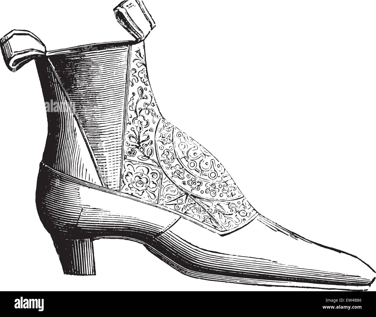 Stivaletto basso seta elastico, vintage illustrazioni incise. Enciclopedia industriale E.-O. Lami - 1875. Illustrazione Vettoriale