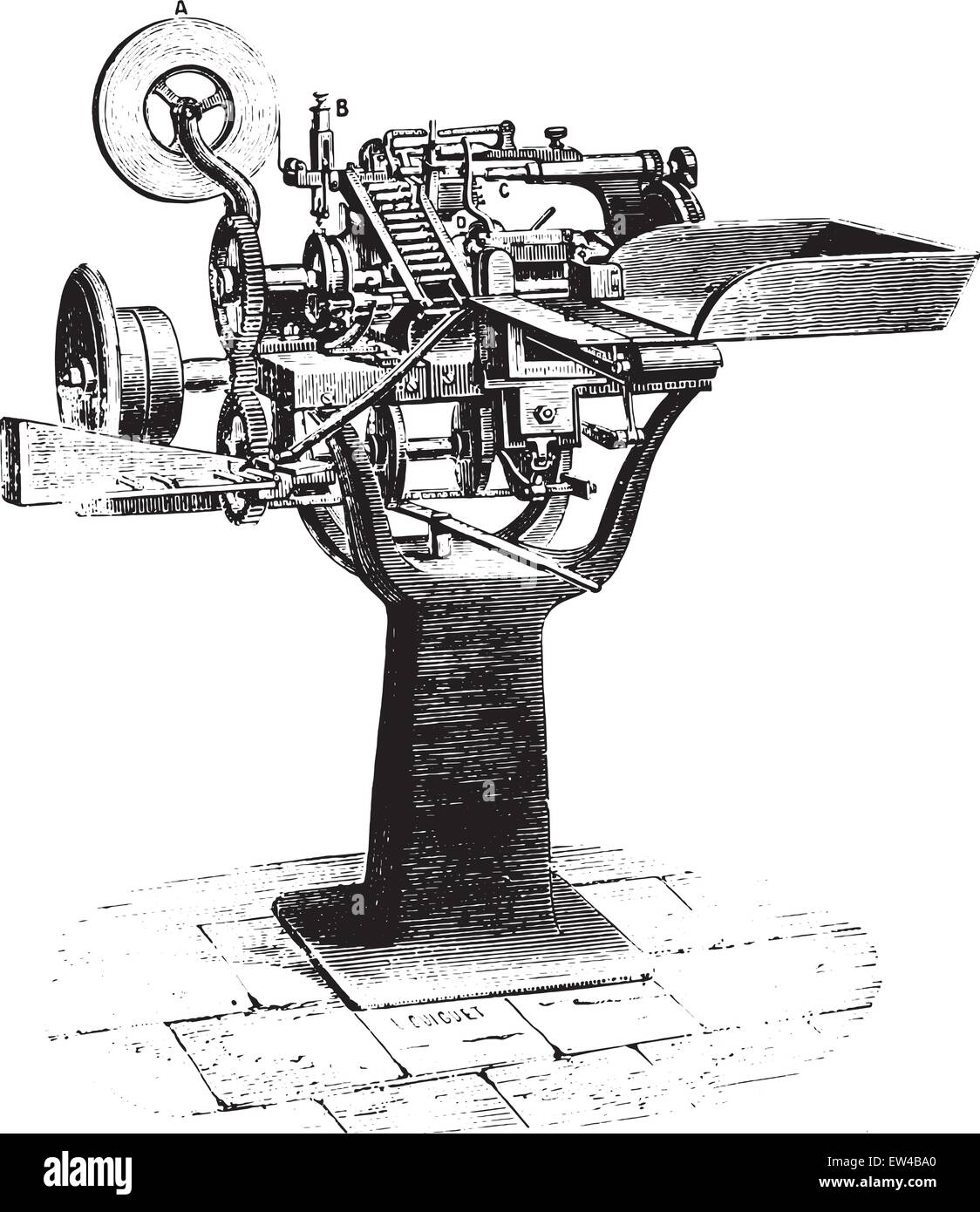 Macchina sigarette, vintage illustrazioni incise. Enciclopedia industriale E.-O. Lami - 1875. Illustrazione Vettoriale