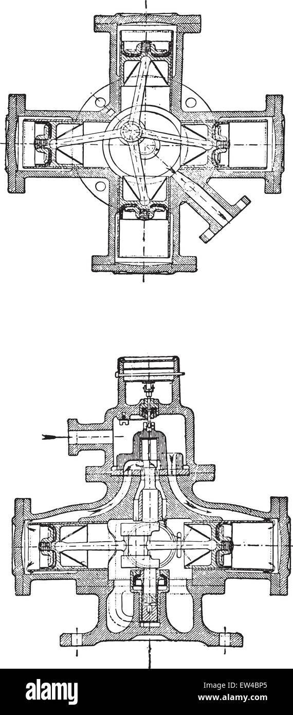 Misuratore di acqua a quattro cilindri, Samain è sistema, vintage illustrazioni incise. Enciclopedia industriale E.-O. Lami - 1875. Illustrazione Vettoriale