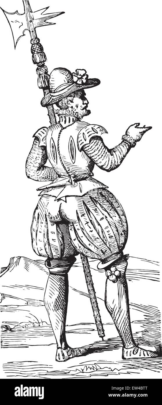 Beefeater nel 1563, vintage illustrazioni incise. Enciclopedia industriale E.-O. Lami - 1875. Illustrazione Vettoriale