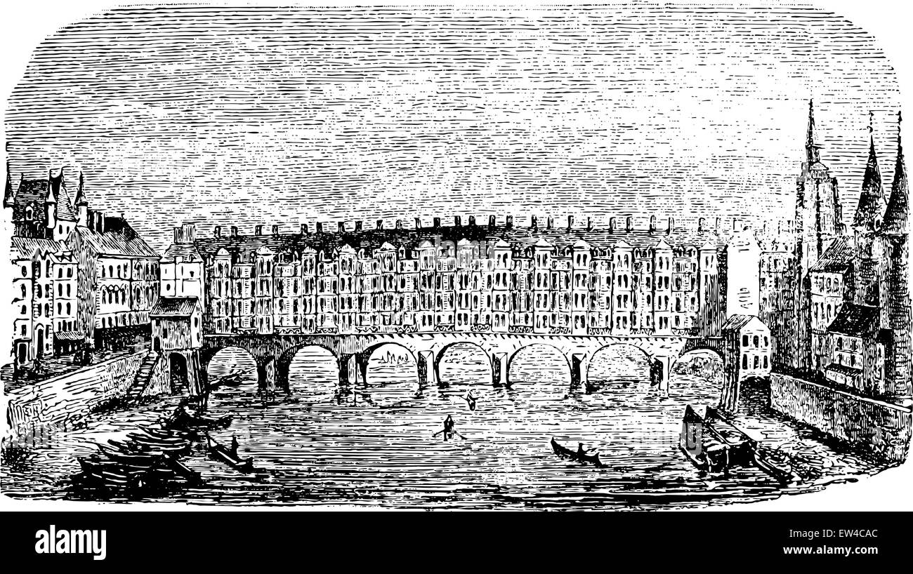 Il ponte vecchio changers sulla Senna a Parigi, vintage illustrazioni incise. Enciclopedia industriale E.-O. Lami - 1875. Illustrazione Vettoriale