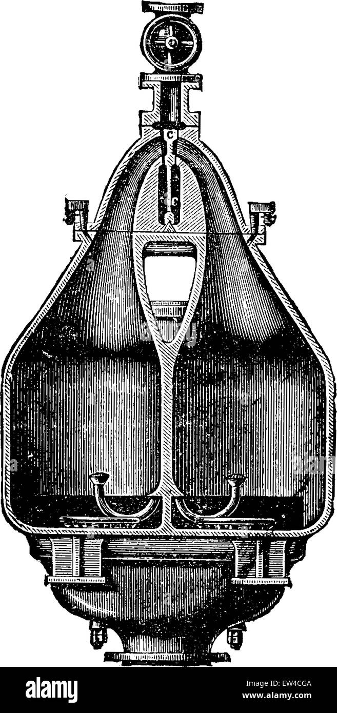 Pulsometer, taglio attraverso due pere, vintage illustrazioni incise. Enciclopedia industriale E.-O. Lami - 1875. Illustrazione Vettoriale