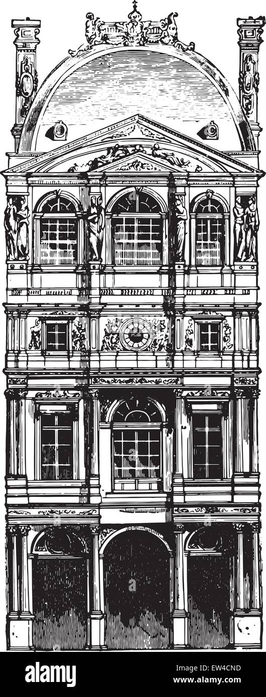 Pavillon Louvre da Pierre Lescot, vintage illustrazioni incise. Enciclopedia industriale E.-O. Lami - 1875. Illustrazione Vettoriale