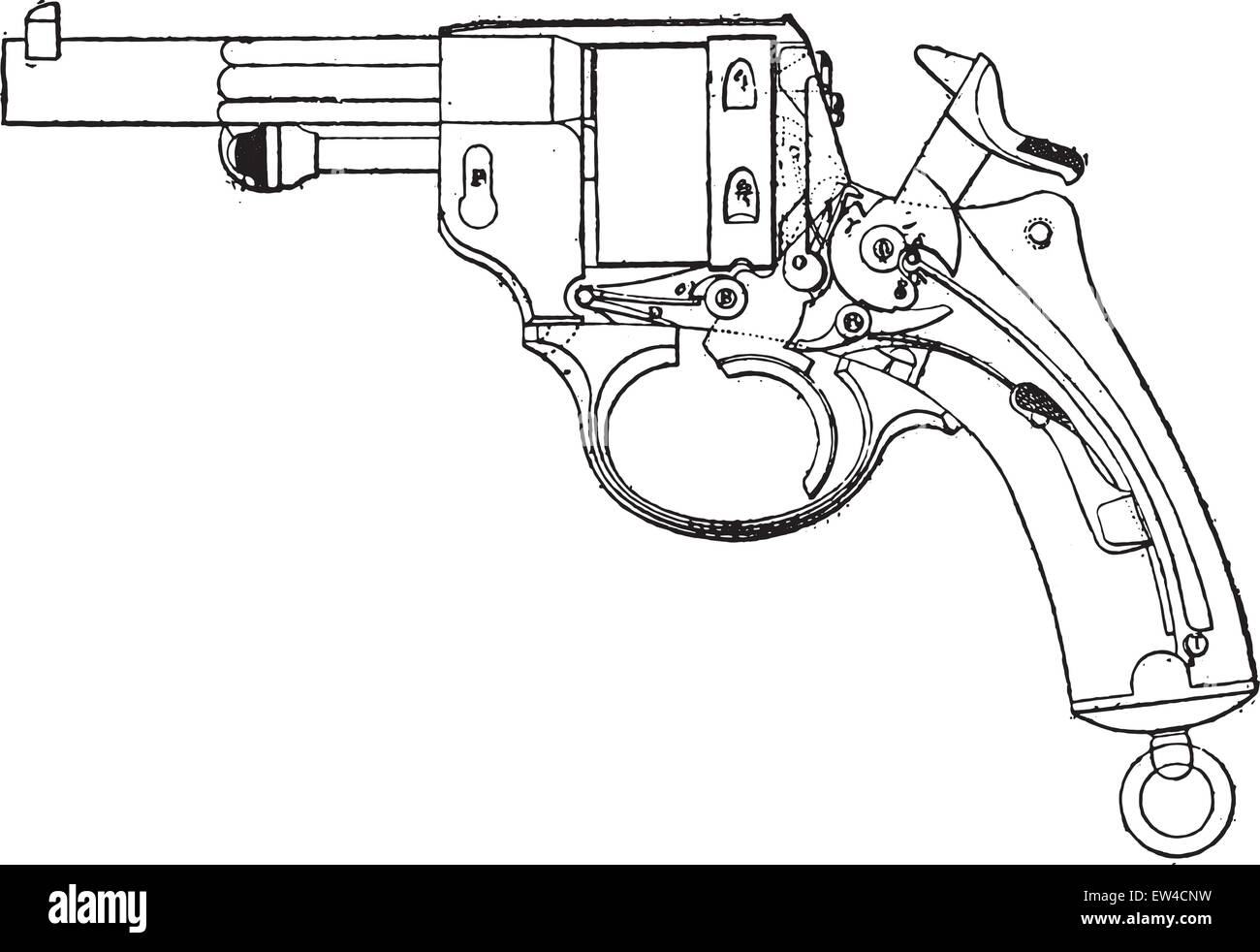 Pistola-revolver, modello 1873, vista dal terrazzo, vintage illustrazioni incise. Enciclopedia industriale E.-O. Lami - 1875. Illustrazione Vettoriale