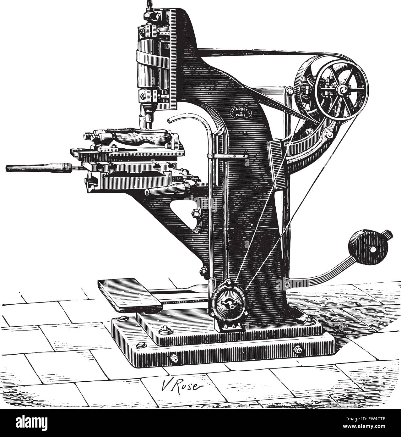 Macchina sagomatrice scarpe, vintage illustrazioni incise. Enciclopedia industriale E.-O. Lami - 1875. Illustrazione Vettoriale