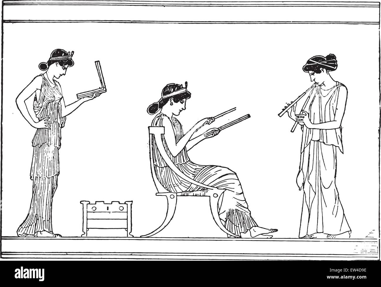 Le donne greche (su una nave dopo la masterizzazione), vintage illustrazioni incise. Illustrazione Vettoriale