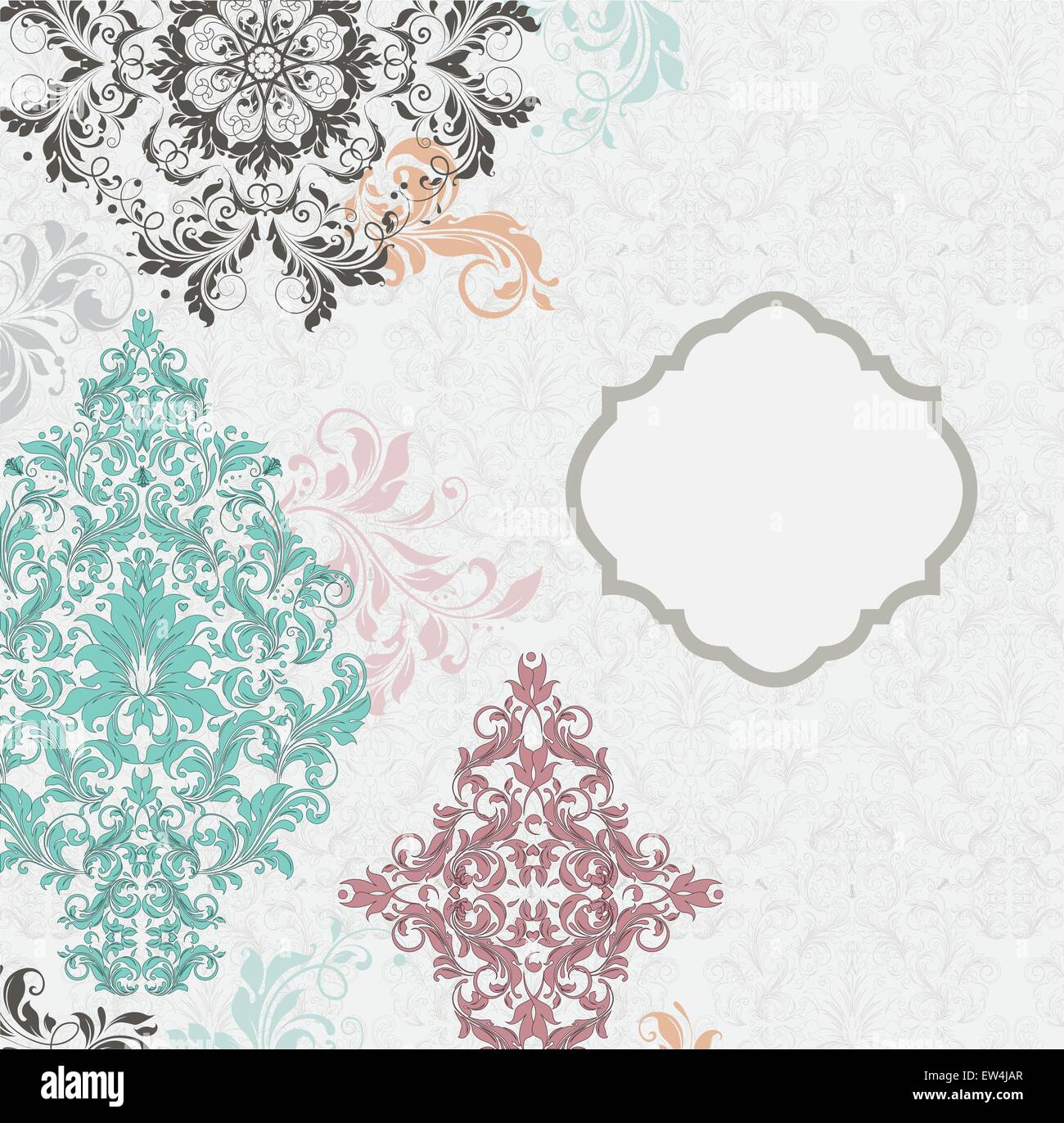 Invito Vintage card con ornati astratta elegante design floreale, multi-fiori colorati in grigio chiaro. Illustrazione Vettoriale. Illustrazione Vettoriale