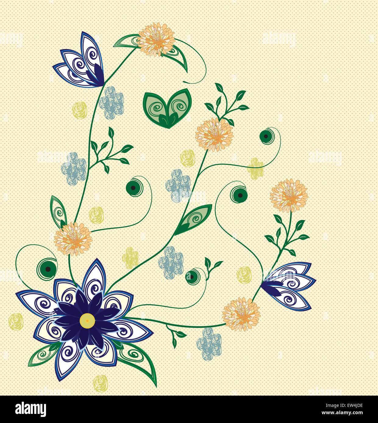 Vintage scheda invito ornato di eleganti astratta Retrò design floreale, royal blu e arancio fiori sul giallo pallido maglia indietro Illustrazione Vettoriale