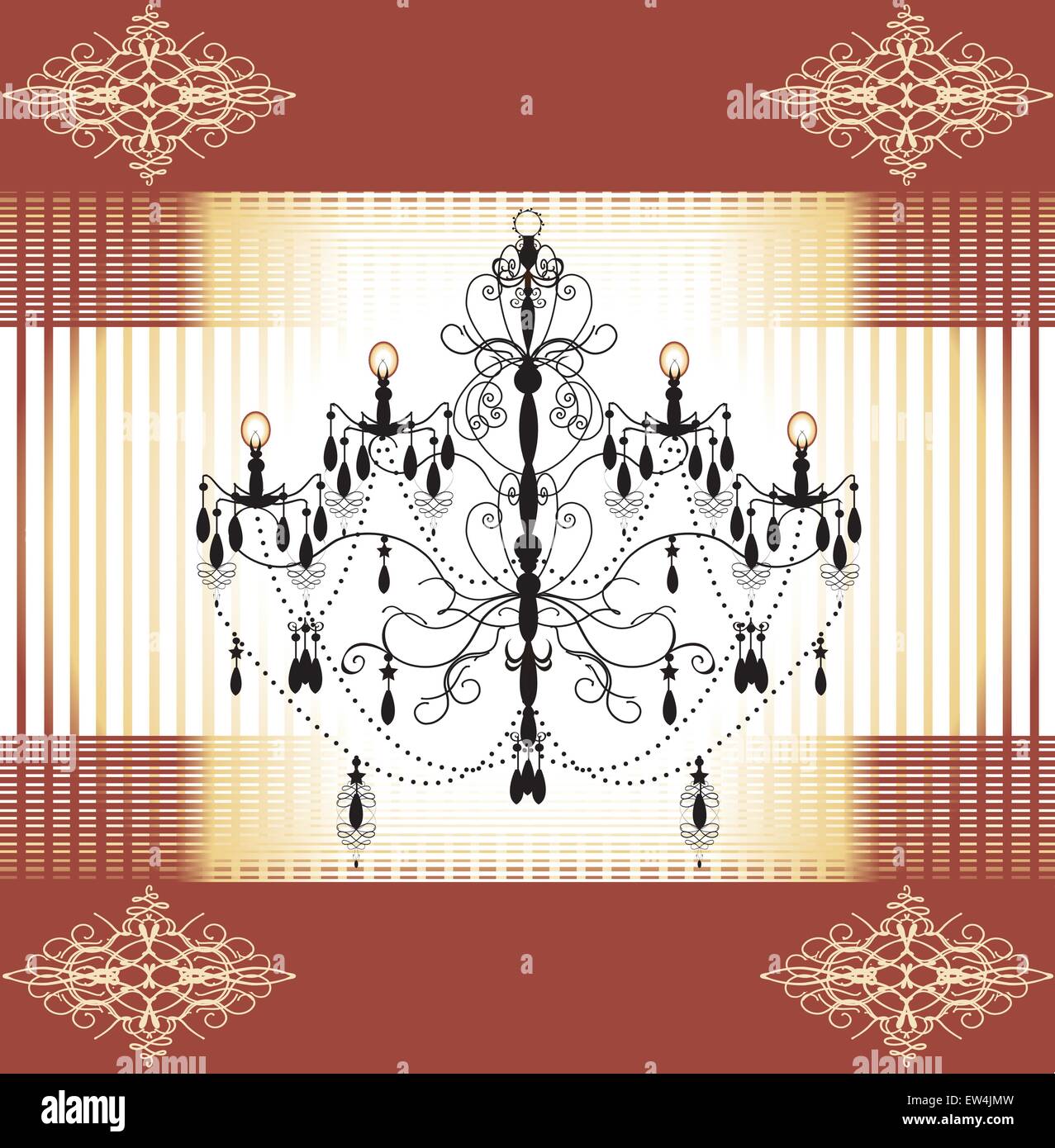 Invito Vintage card con ornati retrò elegante disegno astratto, lampadario su marrone e giallo pallido sfondo mesh con testo Illustrazione Vettoriale