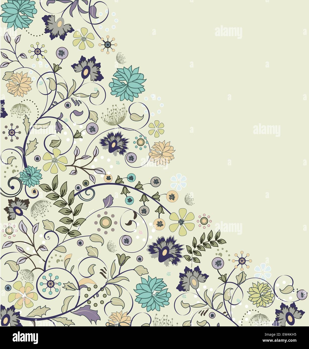 Vintage scheda invito ornato di eleganti astratta Retrò design floreale, multi-fiori colorati in verde. Illustrazione Vettoriale. Illustrazione Vettoriale