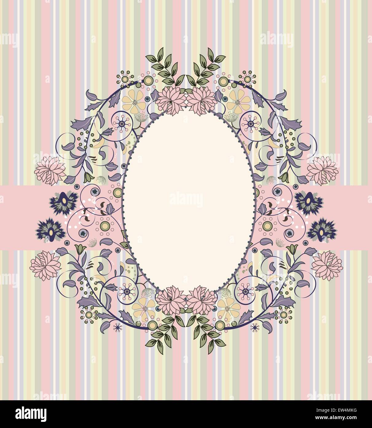 Vintage scheda invito ornato di eleganti astratta Retrò design floreale, multi-colore di fiori su strisce di nastro rosa. Vec Illustrazione Vettoriale