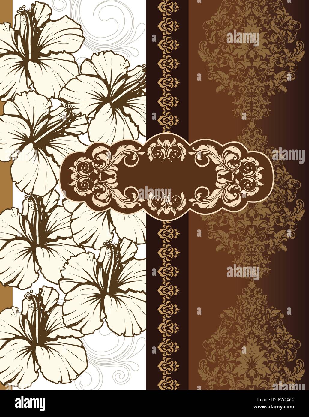 Vintage scheda invito ornato di eleganti astratta Retrò design floreale, beige e marrone chiaro fiori e foglie sul bianco e Illustrazione Vettoriale