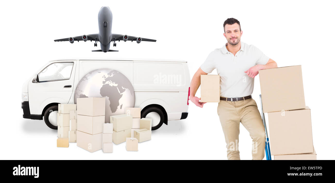 Immagine composita di consegna uomo con carrello di scatole Foto Stock