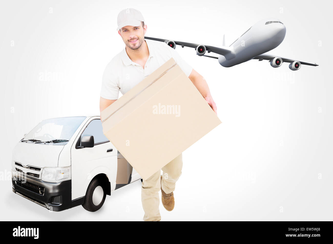 Immagine composita di consegna uomo con scatola di cartone in esecuzione Foto Stock
