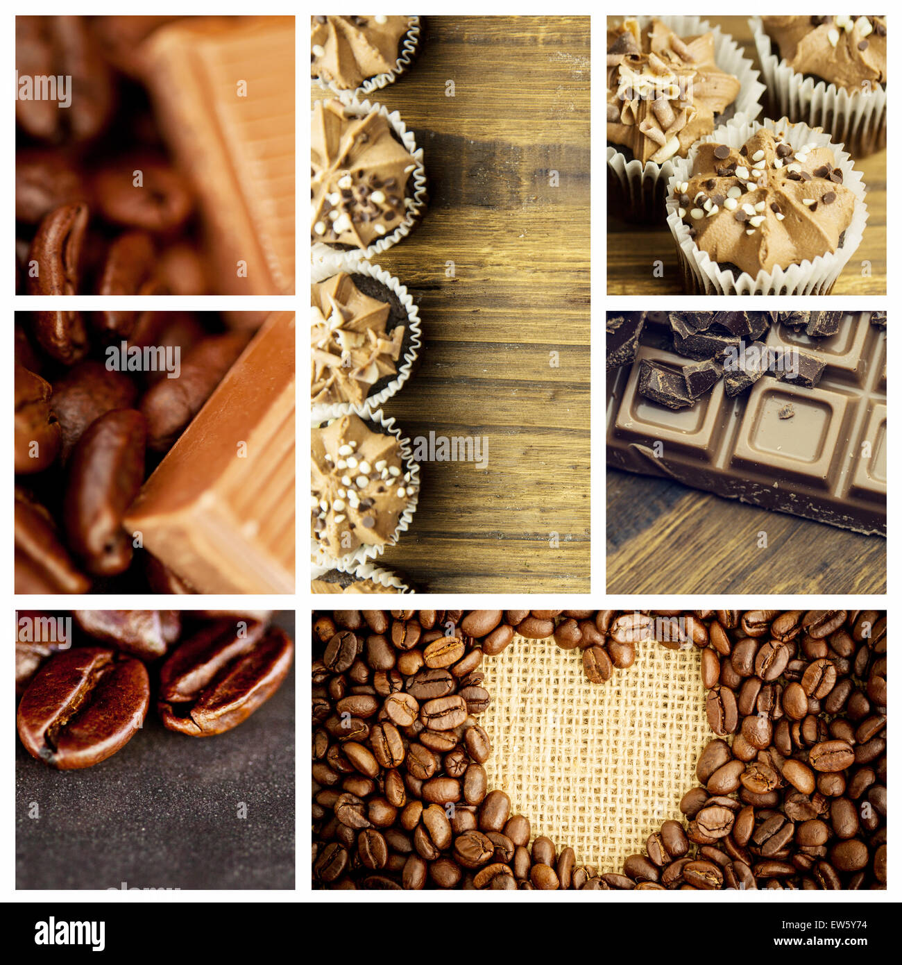 Immagine composita di pezzetti di cioccolato e chicchi di caffè fianco a fianco Foto Stock
