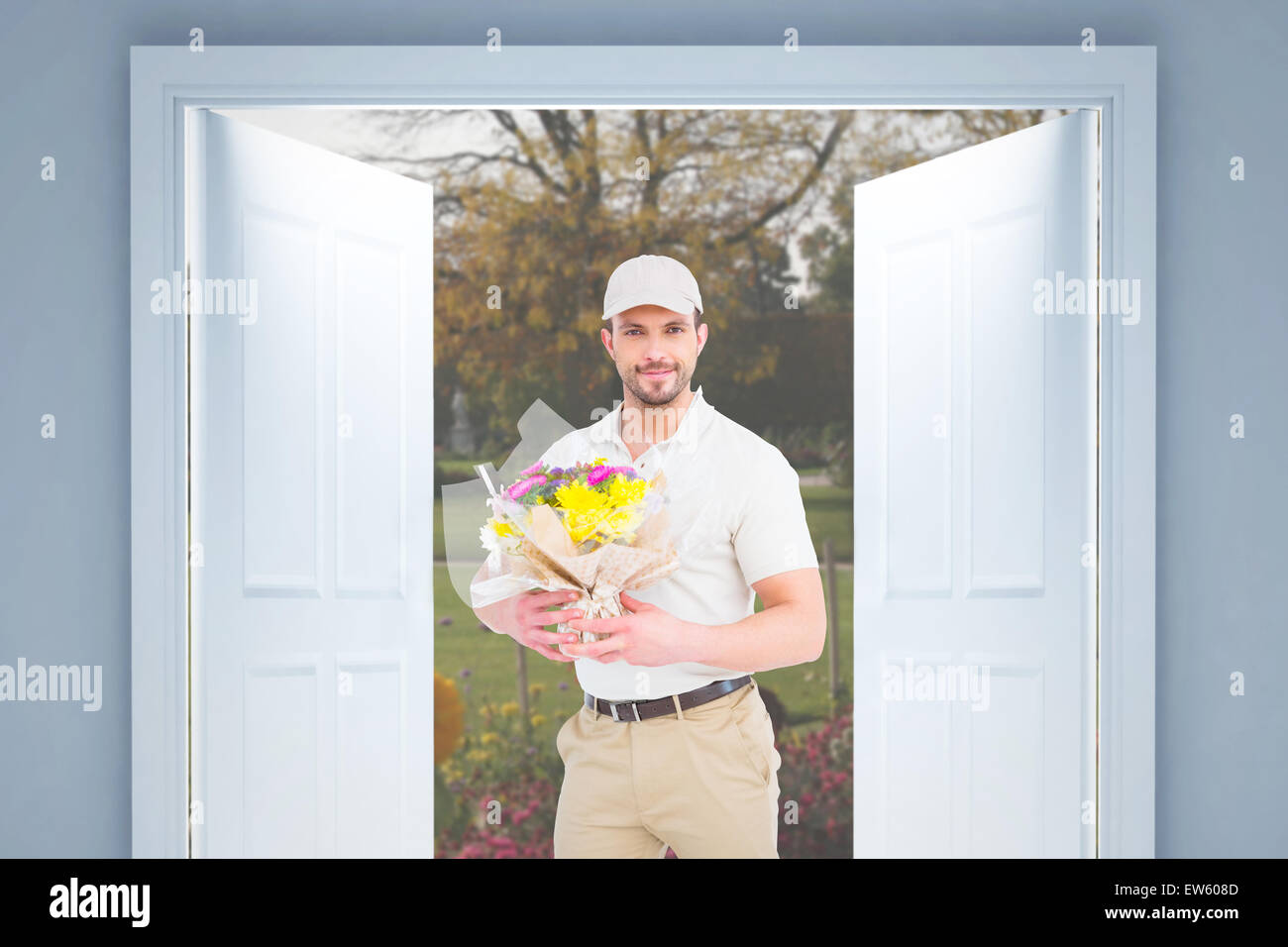 Immagine composita di consegna uomo bouquet di contenimento Foto Stock