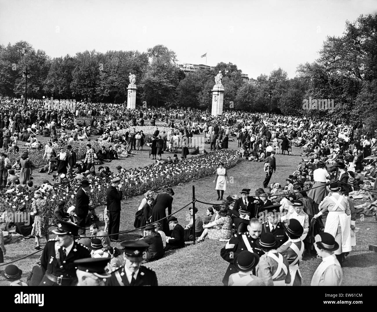 VE alle celebrazioni del Giorno a Londra alla fine della Seconda Guerra Mondiale. Alcuni della folla immensa radunati nelle vicinanze Canada Gate a parco verde vicino a Buckingham Palace per le celebrazioni. 8 maggio 1945. Foto Stock