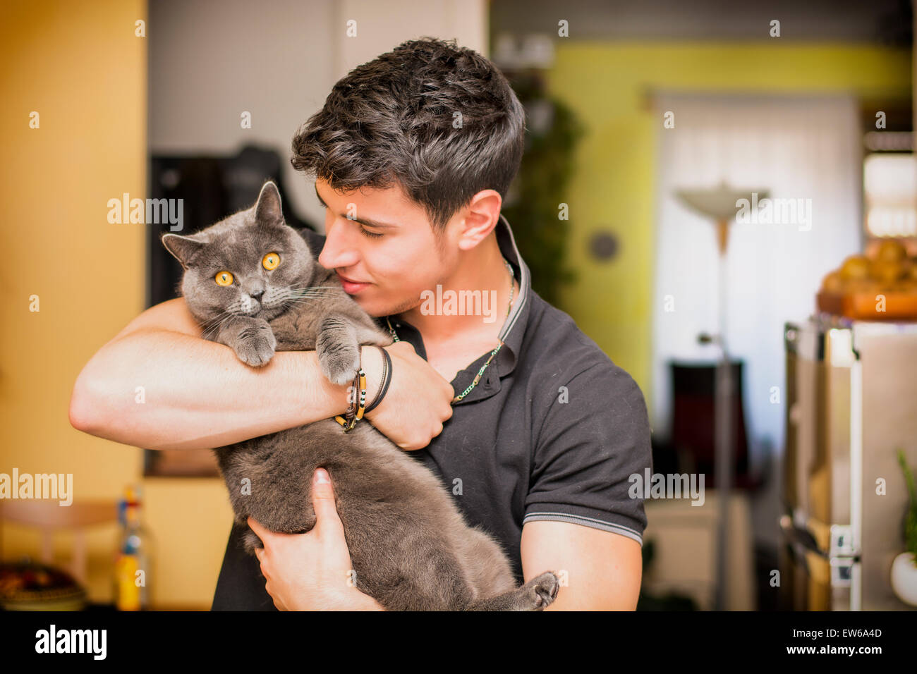 Bel giovane Animal-Lover uomo dentro la casa, abbracciando il suo grigio gatto domestico Pet. Foto Stock