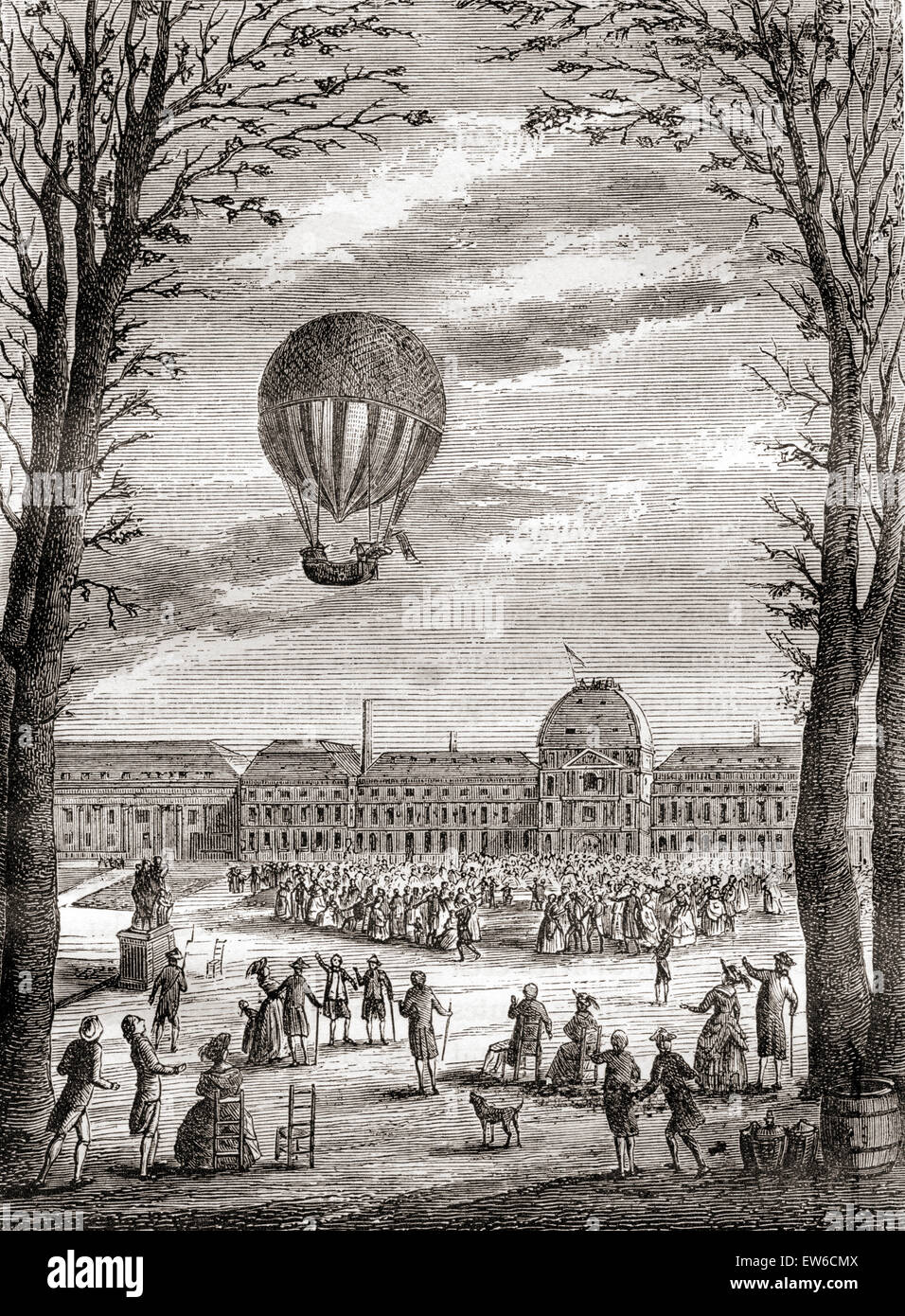 Il primo al mondo con equipaggio palloncino di idrogeno volo sopra gli Champs de Mars, Parigi, Francia in 1 dicembre 1783, pilotato da da Nicolas-Louis Robert e il professor Jacques Charles. Foto Stock