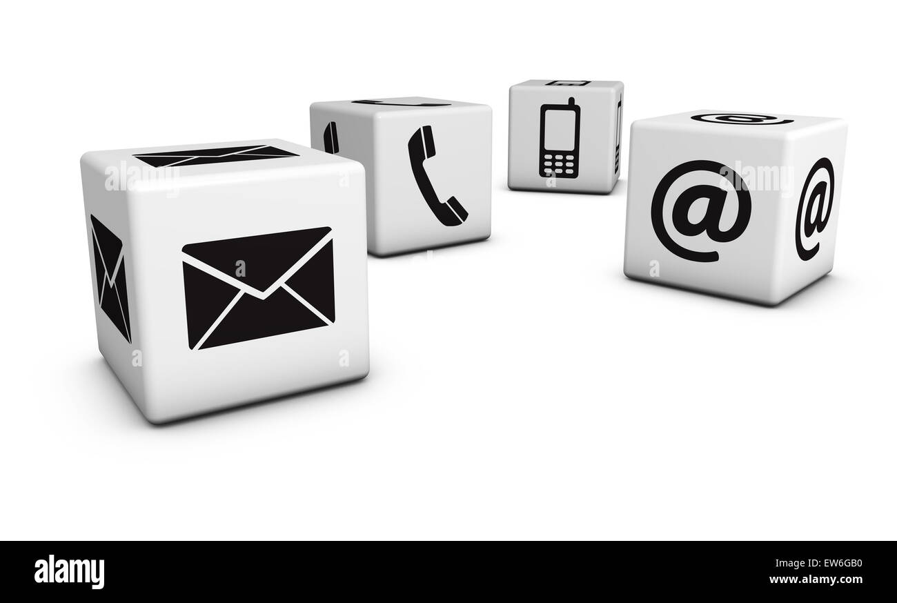 Contact us web e concetto di Internet con e-mail, telefono cellulare e a icone e simbolo su quattro cubi per sito e blog. Foto Stock