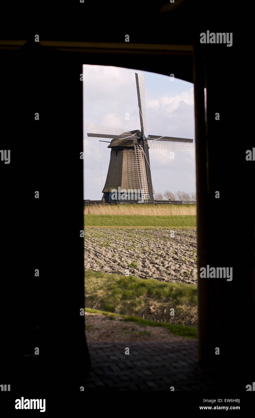 Un mulino a vento olandese incorniciata da una porta nel paesaggio dei Paesi Bassi. Foto Stock