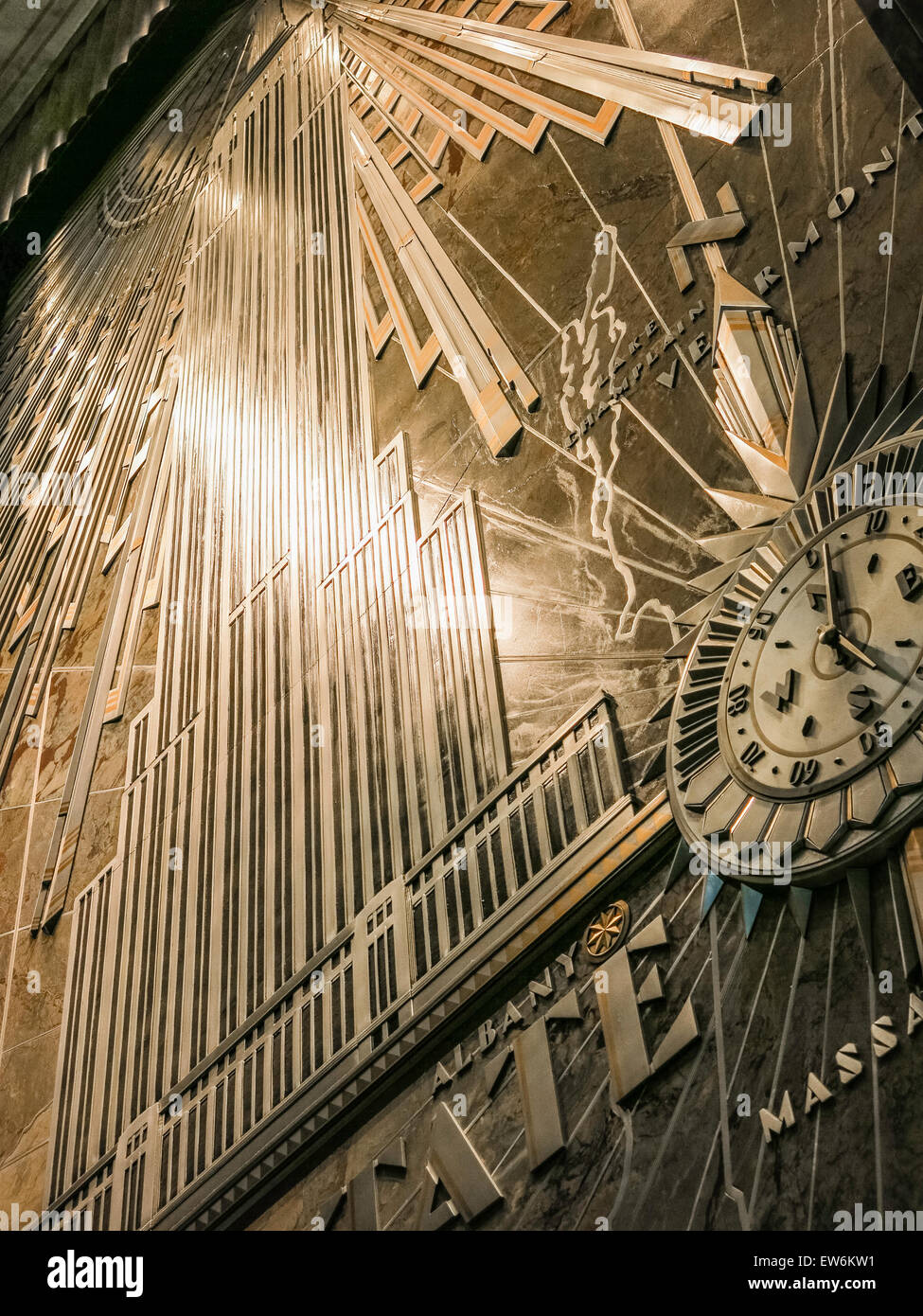 Alluminio murale di sfiato , Lobby dell' Empire State Building, New York, Stati Uniti d'America Foto Stock